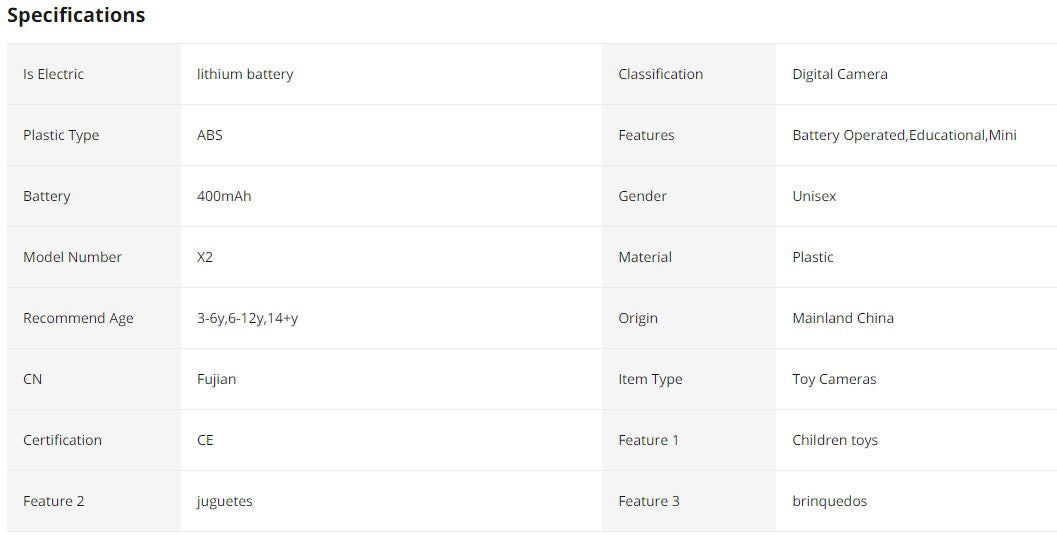 Mini Camera Toy Specifications